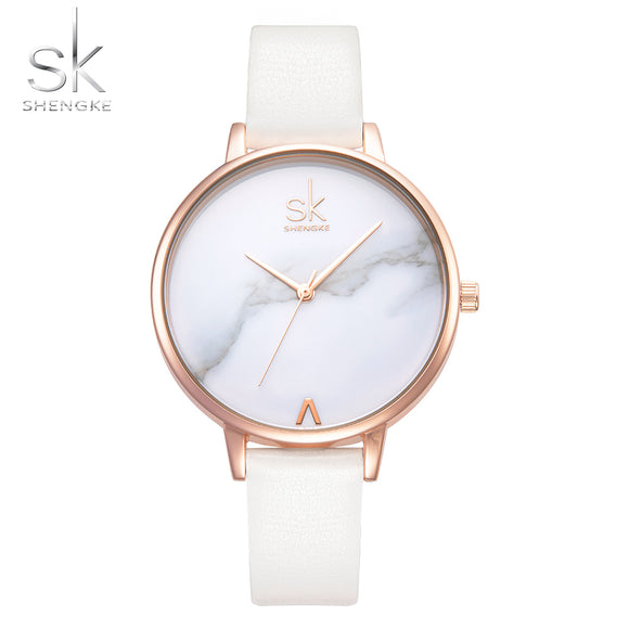 Shengke Top Brand Fashion Ladies Watches Leather Female Quartz Watch Women Thin Casual Strap Watch Reloj Mujer Marble Dial SK